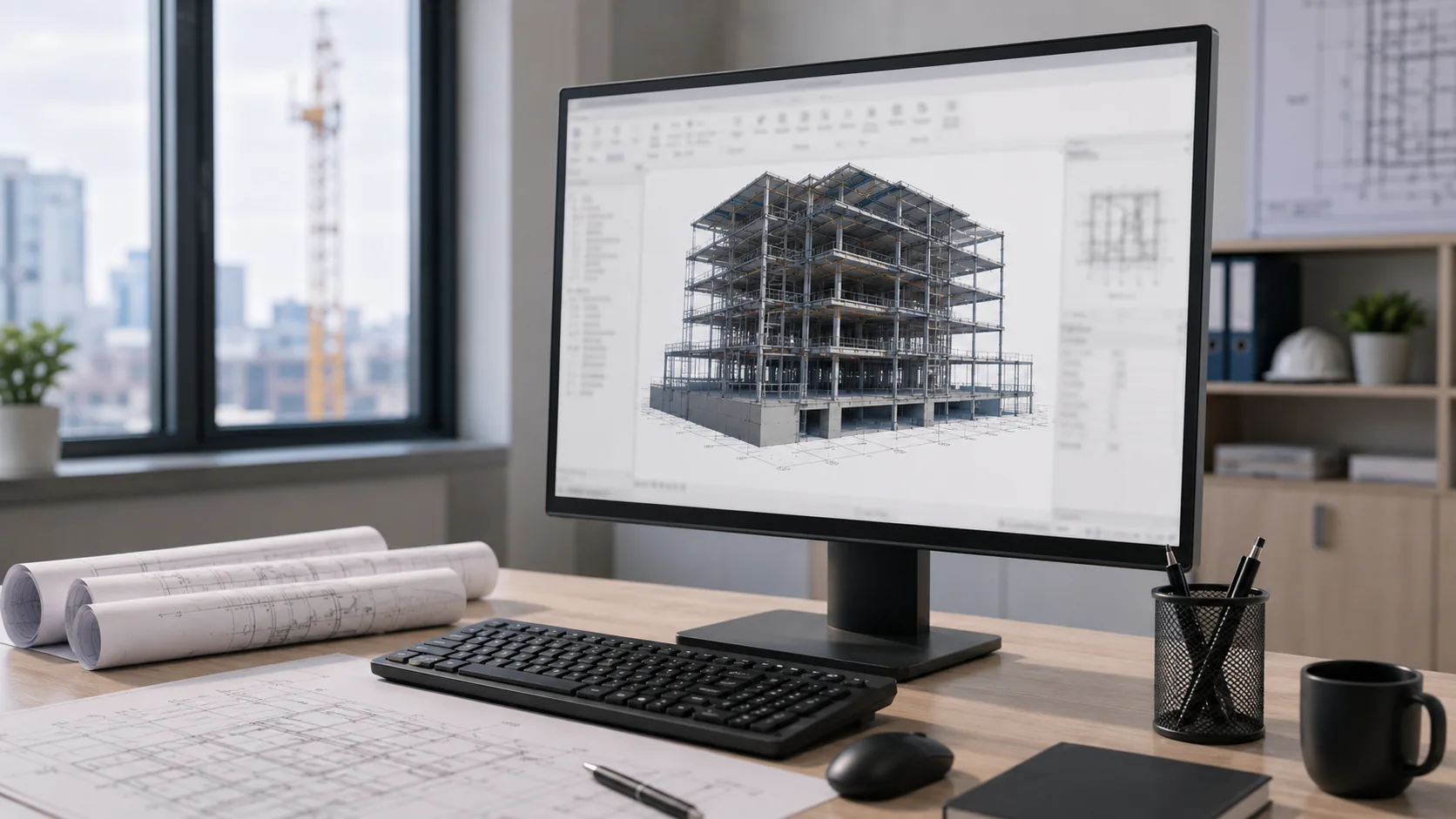 Structural building model displayed on an engineering workstation